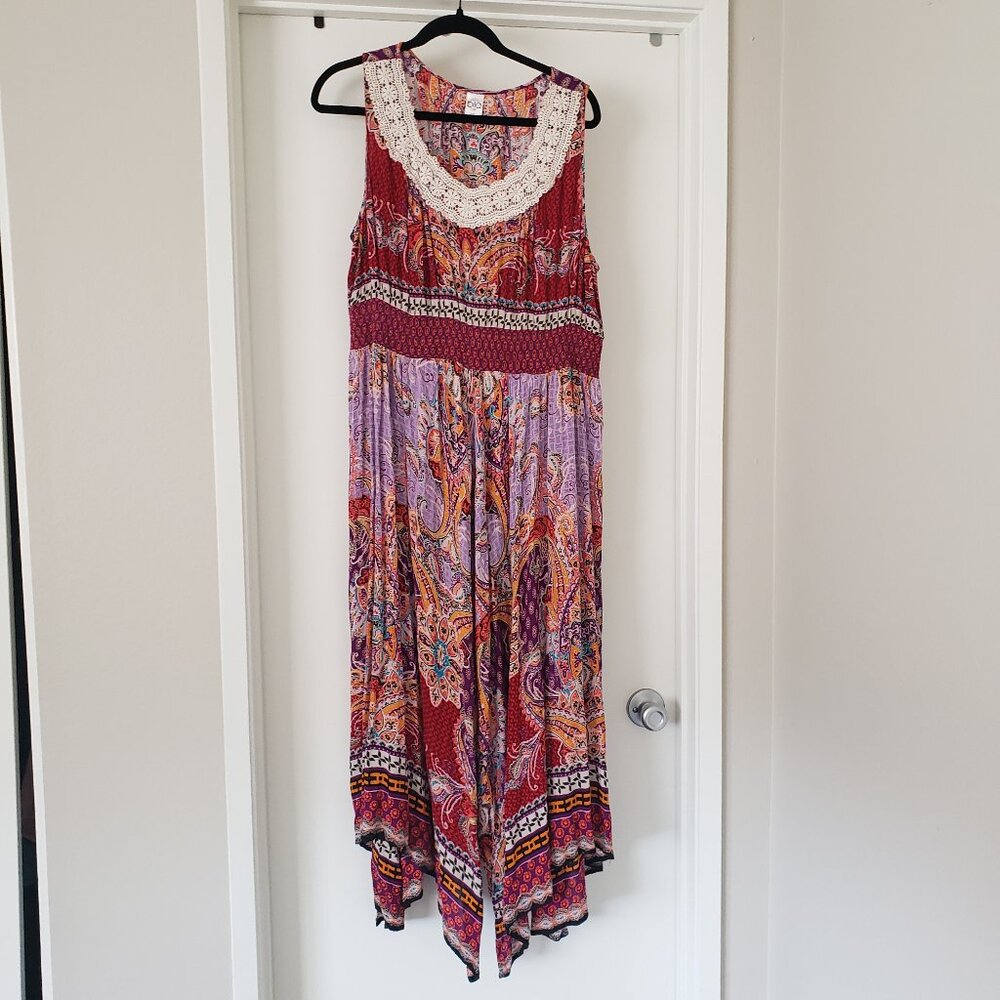 Billabong Maxi Dress Boho Crochet Lace Neck Sleeveless Crinkle Smocked XXL